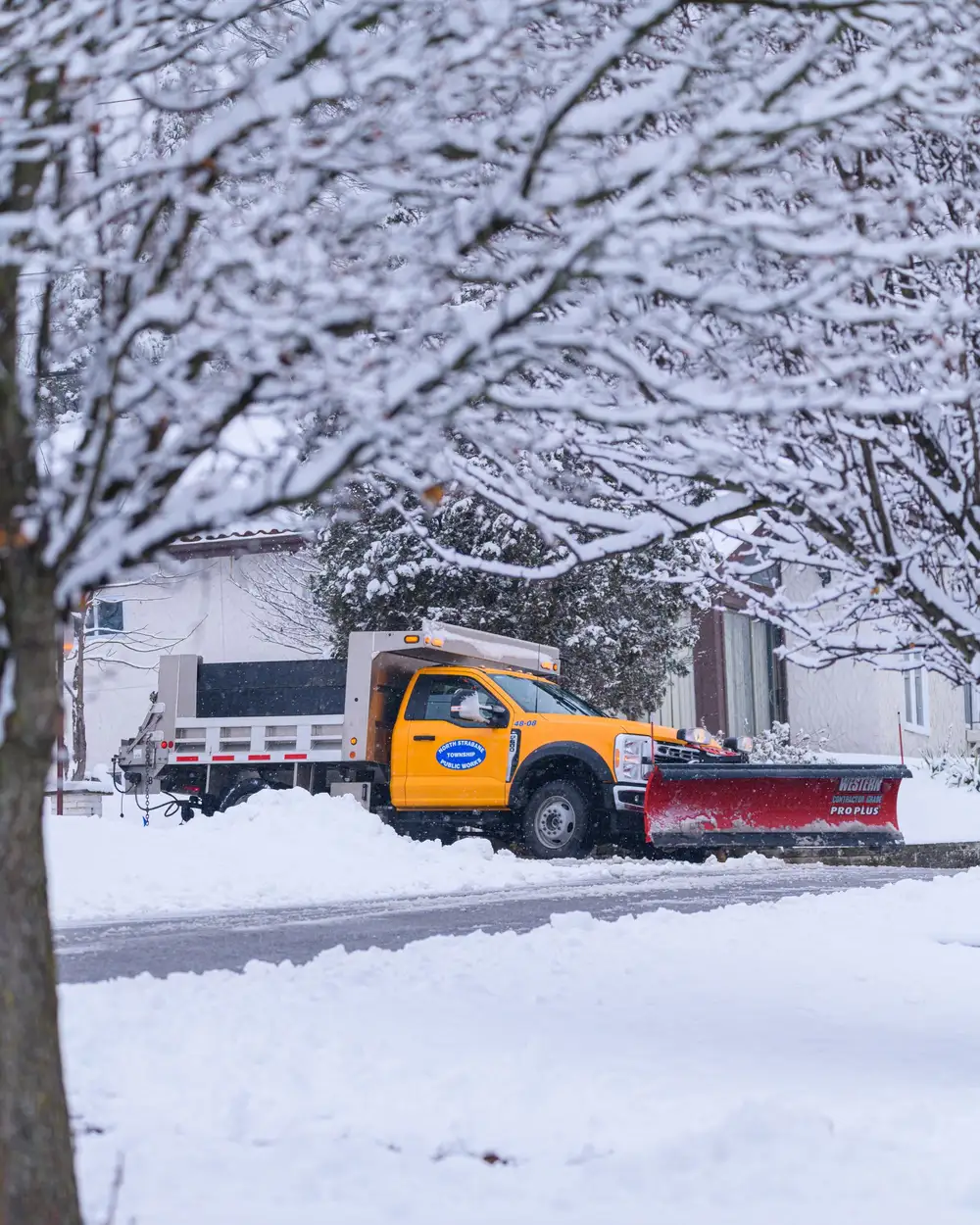A plow truck clearing a residential street under snow-laden trees